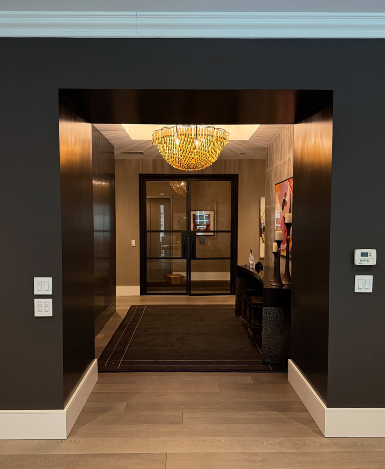 Entry way with dark chocolate brown walls with glass double doors. residential and commercial painting